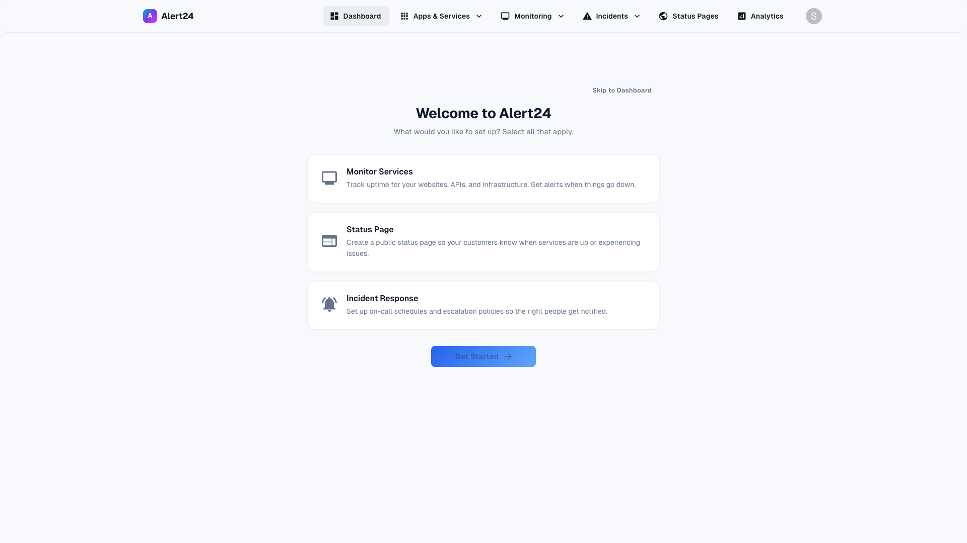 Alert24 dashboard showing services, incidents, and team status