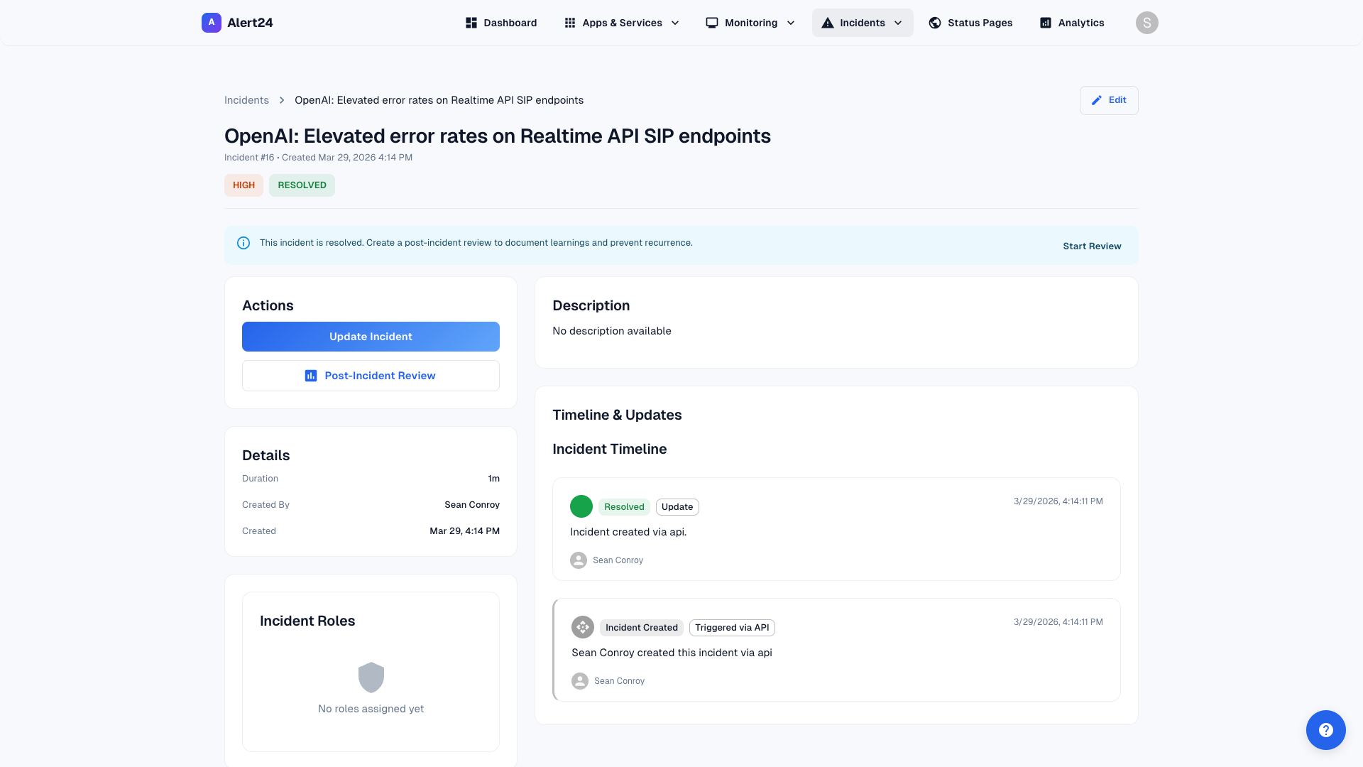 Incident detail with timeline and status updates