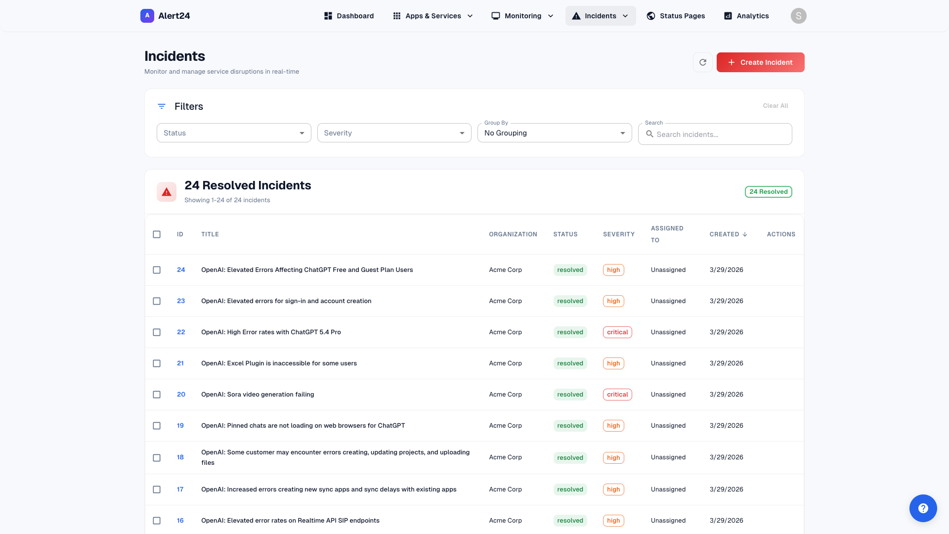 Alert24 incident management showing real incidents with severity levels and status