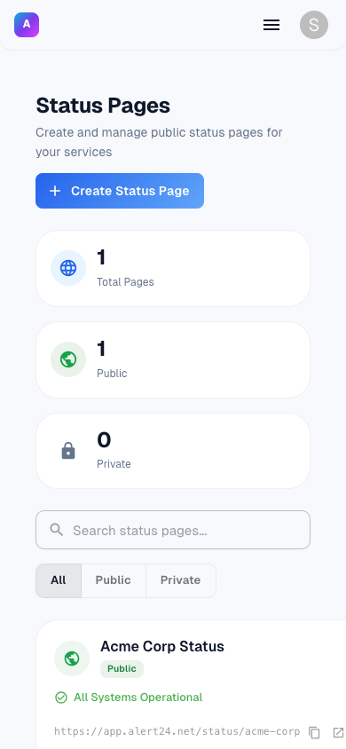 Alert24 status pages on mobile showing Acme Corp status